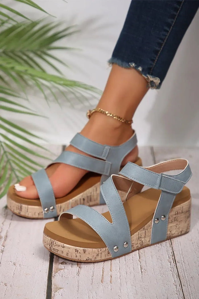 Light Blue Strap Velcro Wedge Sandals - Shoes/Sandals