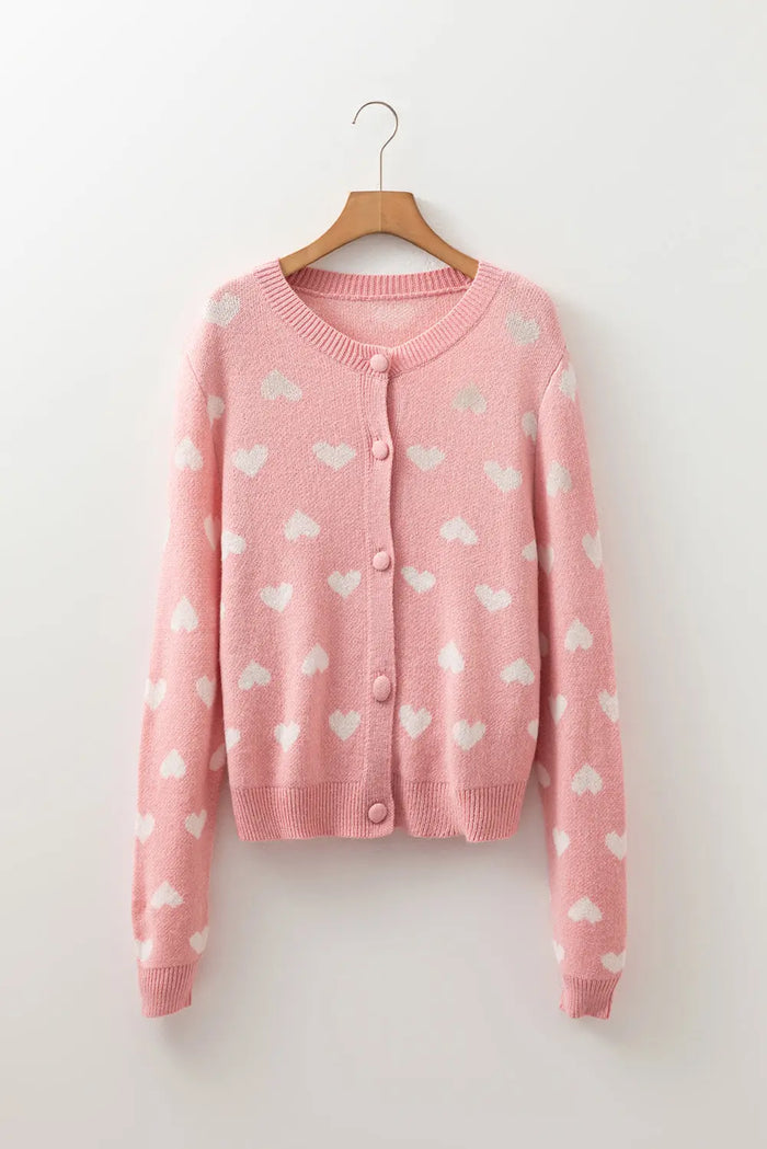 Light Pink Heart Pattern Button Front Cardigan Sweater - Sweaters & Cardigans/Cardigans