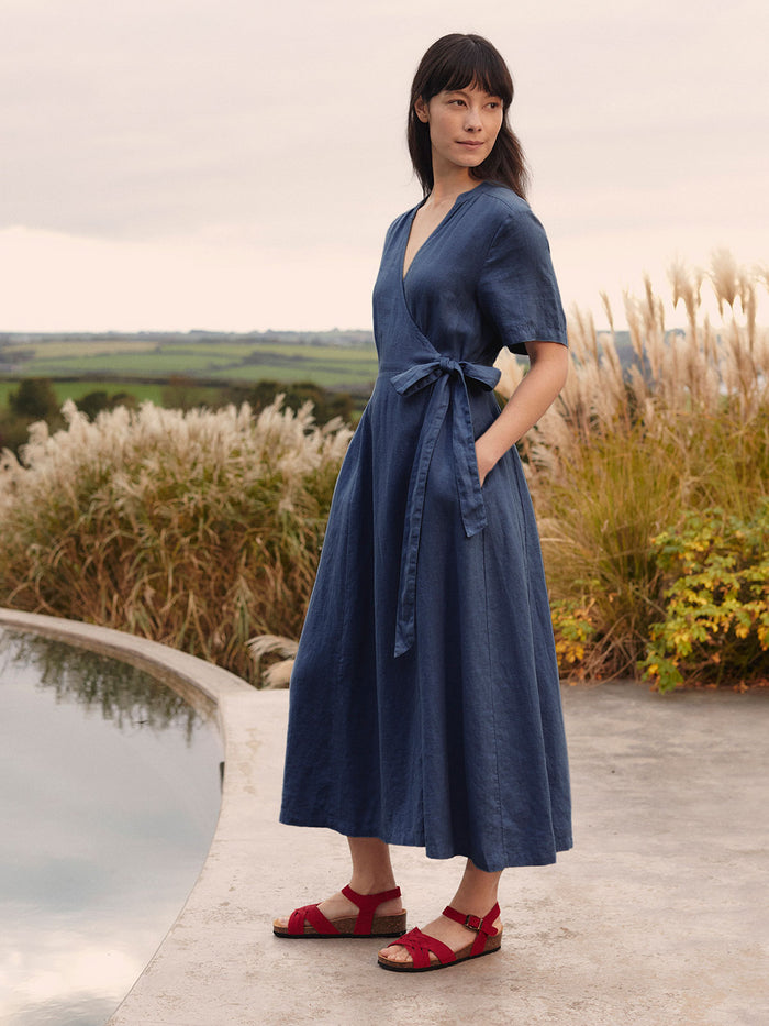Linen Blend Wrap Midi Dress