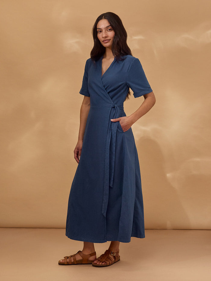 Linen Blend Wrap Midi Dress