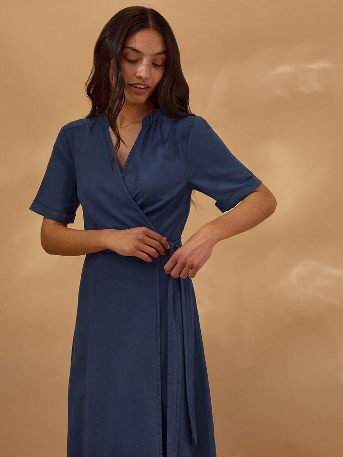 Linen Blend Wrap Midi Dress
