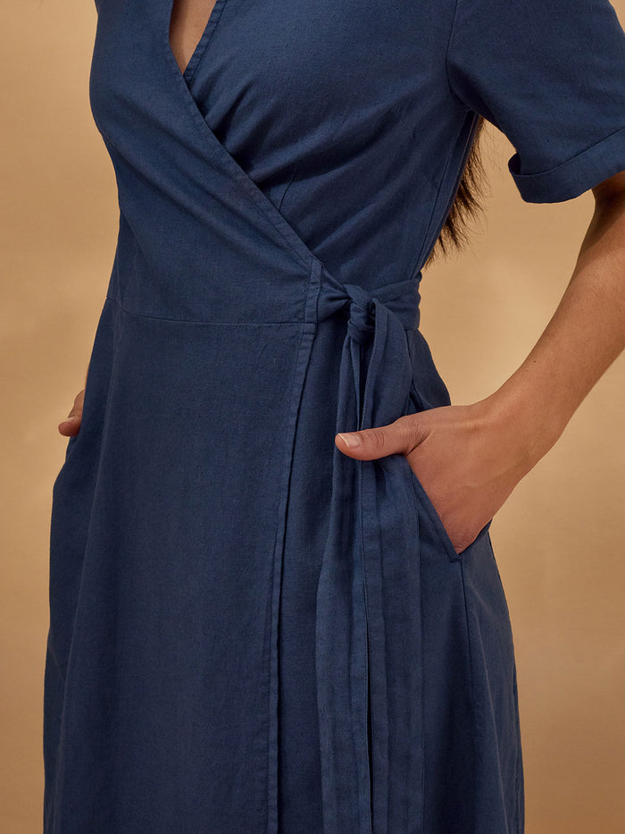 Linen Blend Wrap Midi Dress