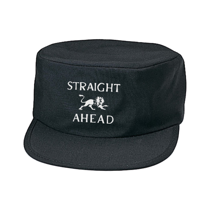 A black Straight Ahead Painters Cap with a flat brim, featuring a white lion graphic and "STRAIGHT AHEAD" embroidered on the front. PRESALE available now; ships 5/15/26.
