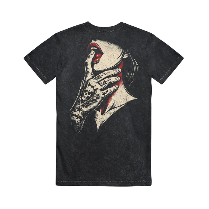 Bold and edgy, the Melrose Avenue Black T-shirt showcases a detailed tattooed hand gripping a woman's face with bright red lips from behind, creating a high-contrast, standout Lips T-shirt design.