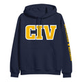 A CIV navy blue hoodie featuring large yellow and white block "CIV" lettering on the front and "REVELATION RECORDS" in yellow on the right sleeve—a distinctive printed piece for fans.