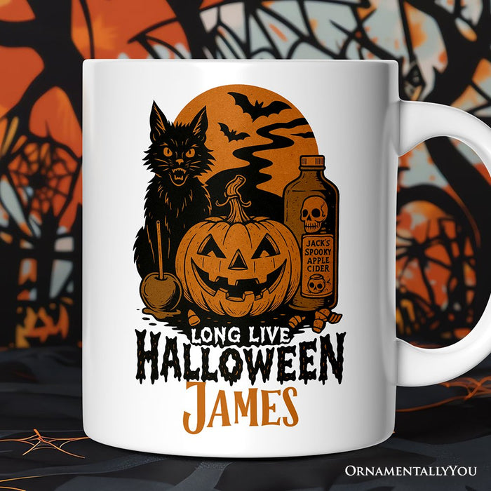 Long Live Halloween Personalized Mug, Retro Black Cat Pumpkin Gift with Custom Name Personalized Ceramic Mug OrnamentallyYou White Customized