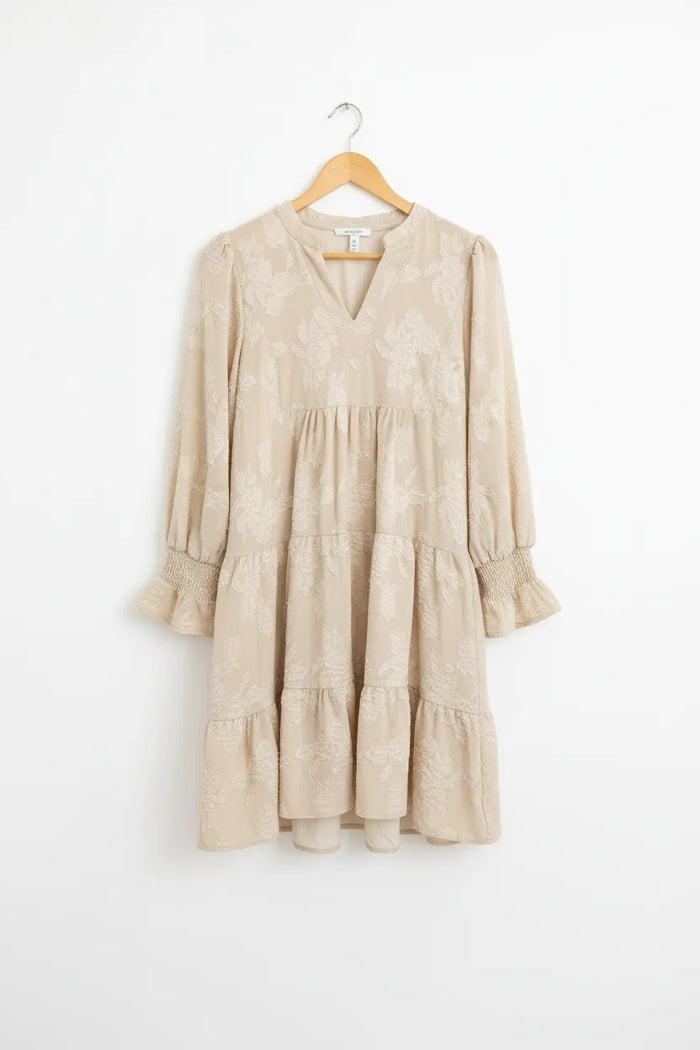Long Sleeve Notched Neck Jacquard Tiered Mini Dress - Dresses/Mini Dresses