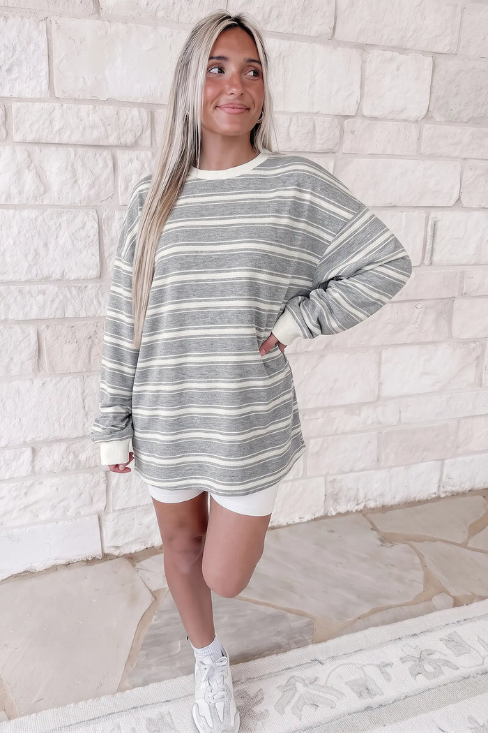 Long Sleeve Round Neck Tunic Top – Gray Stripe