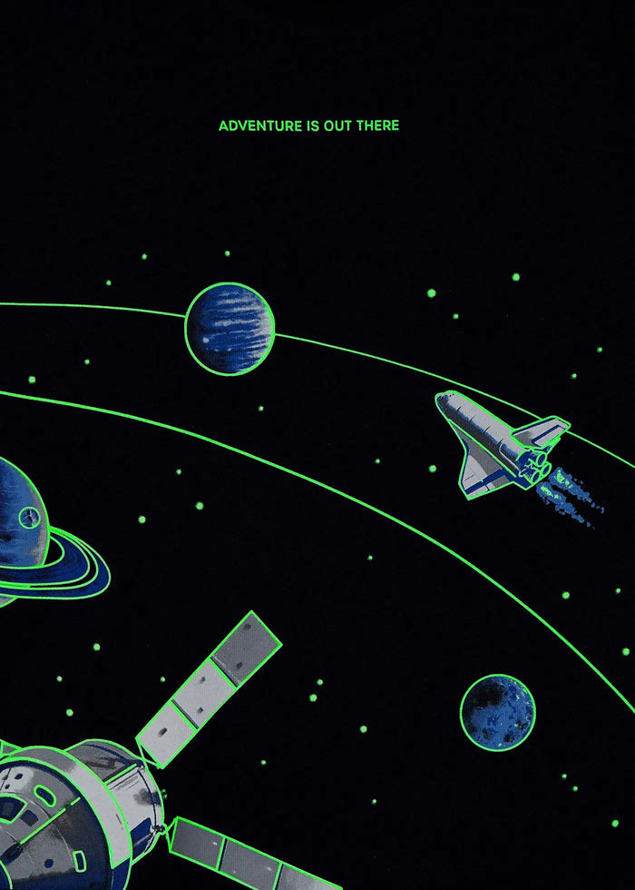 Glow-in-the-dark view of planets, shuttle and satellite graphic