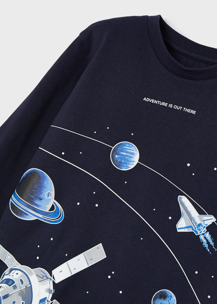 Angled close-up of space graphic on navy Mayoral long-sleeve T-shirt