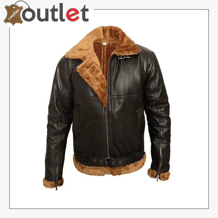 Men's B3 aviator bomber jacket in shaded brown sheepskin with off-white shearling collar, front view