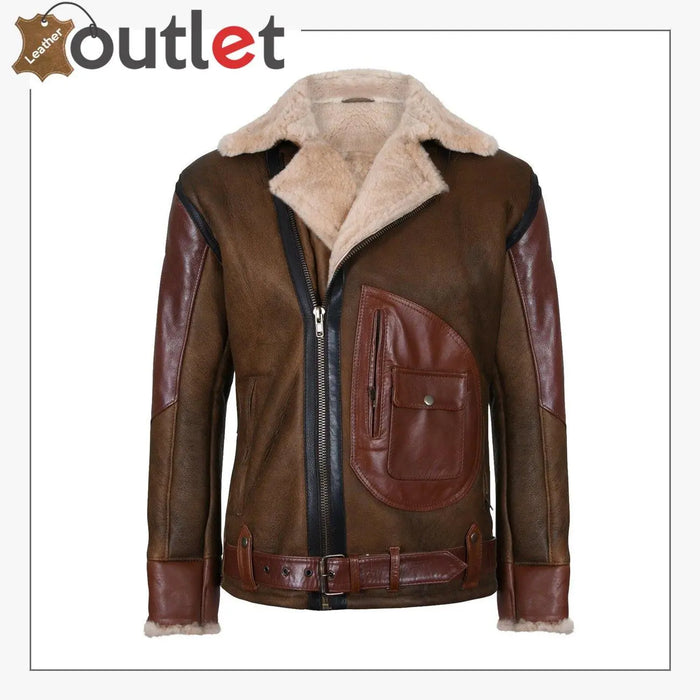Mens brown crossover B3 sheepskin aviator biker jacket with asymmetric zip, front view
