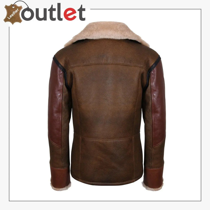 Back view of the B3 crossover sheepskin jacket showing brown leather panels and stitching