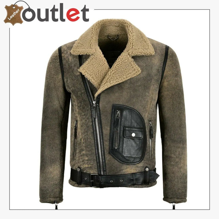 Mens RAF B3 sheepskin flying leather bomber jacket in brown with tall buckled shearling collar