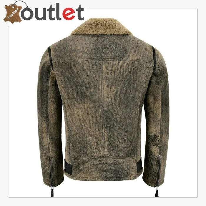 Side view of the RAF B3 flying jacket showing hem belt, metal zip and natural shearling lining