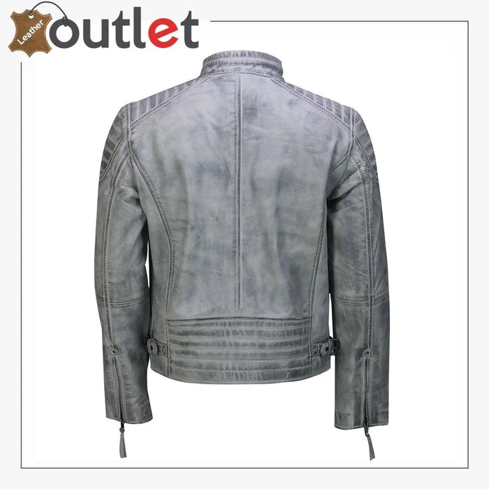 Side view of the antique wash retro biker jacket showing slim fit and snap collar
