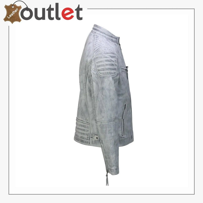 Back view of the washed brown cowhide biker jacket showing panel seams