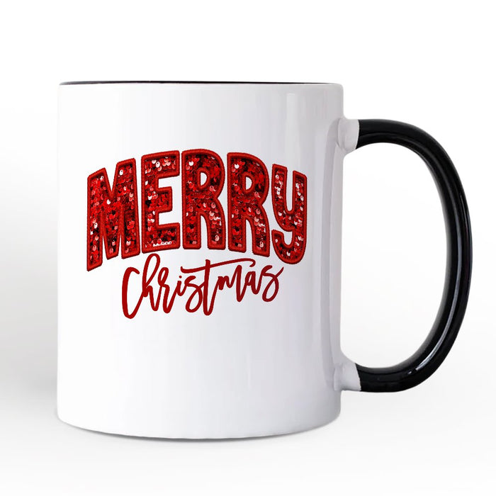 Merry Christmas Sequin Personalized Mug, Bold Red Glitter Custom Gift for Festive Holiday Season Personalized Ceramic Mug OrnamentallyYou