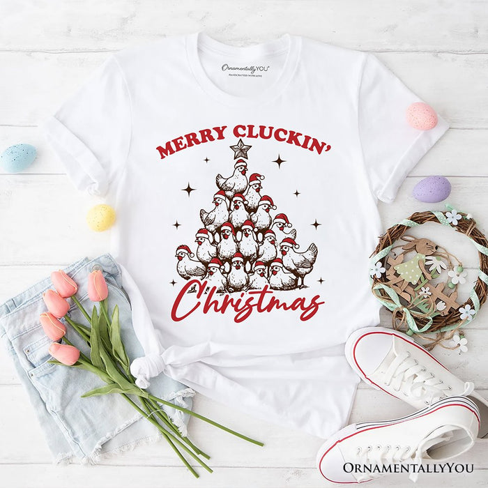 Merry Cluckin' Christmas Tree T‑Shirt, Funny Santa Hat Chicken Farmhouse Tee T-Shirts OrnamentallyYou White XS