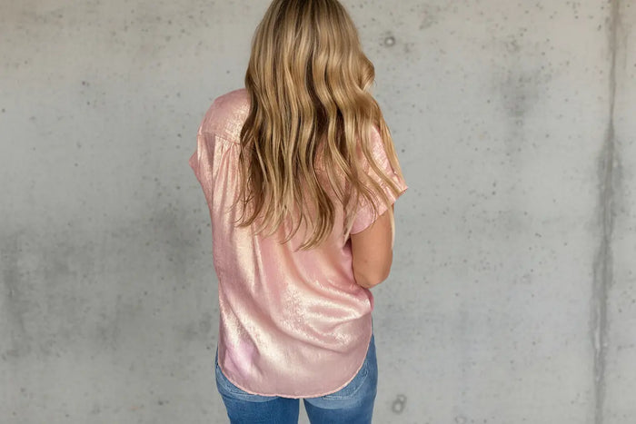 Metallic Buttoned Loose Fit Short Sleeve Shirt