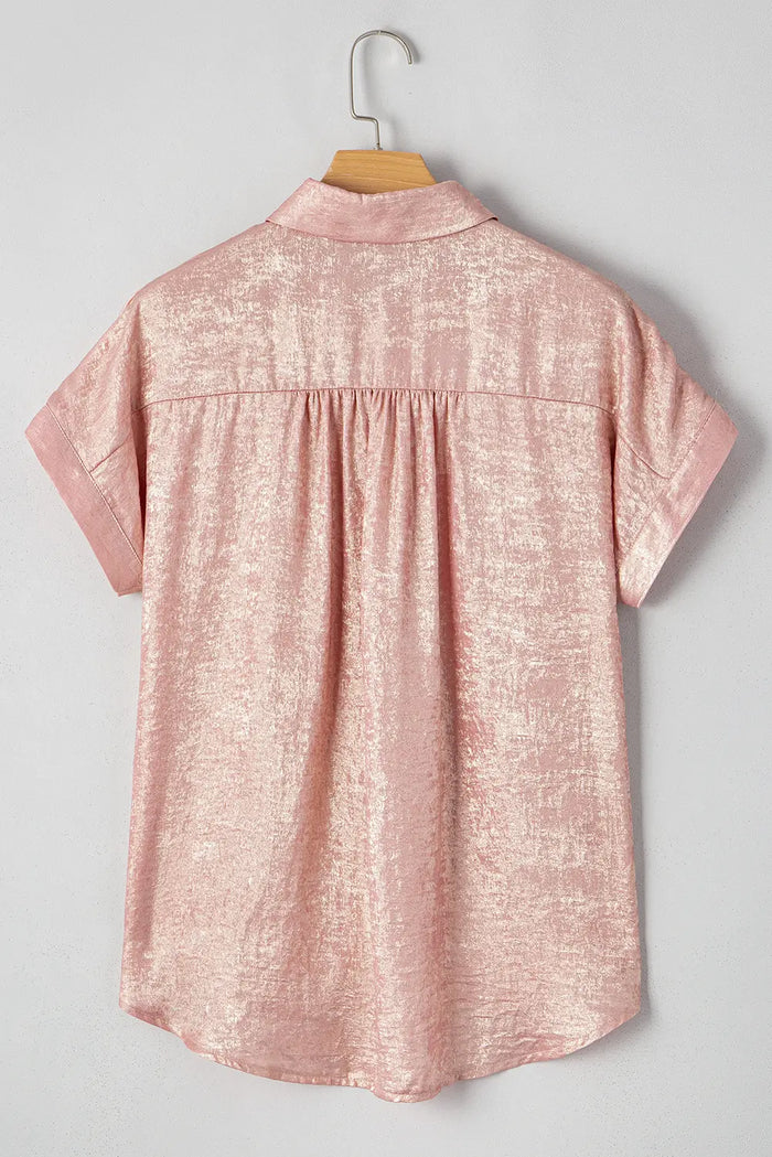 Metallic Buttoned Loose Fit Short Sleeve Shirt