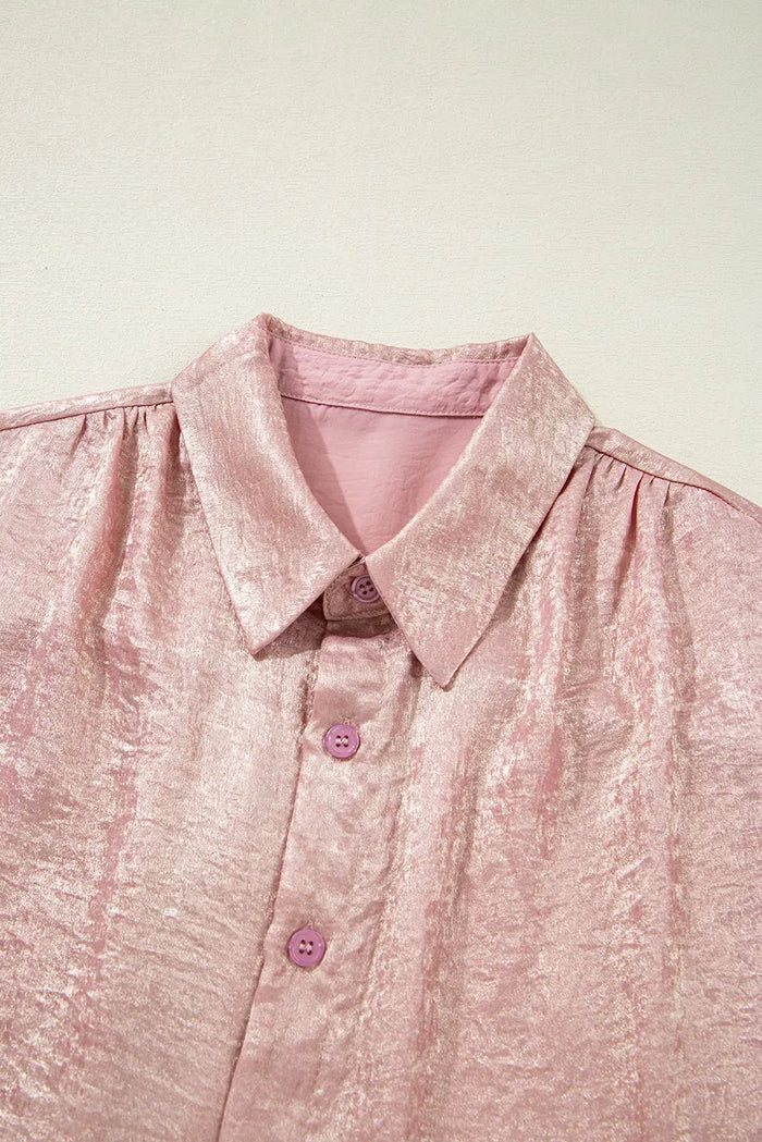Metallic Buttoned Loose Fit Short Sleeve Shirt