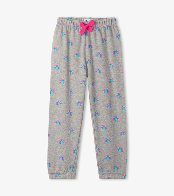 Hatley girls gray relaxed joggers with pink drawcord and turquoise-pink mini rainbow print, front view
