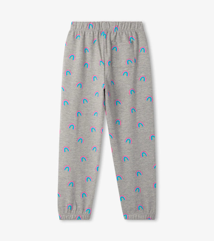 Hatley girls gray mini rainbow joggers with elastic waist and single back patch pocket, back view