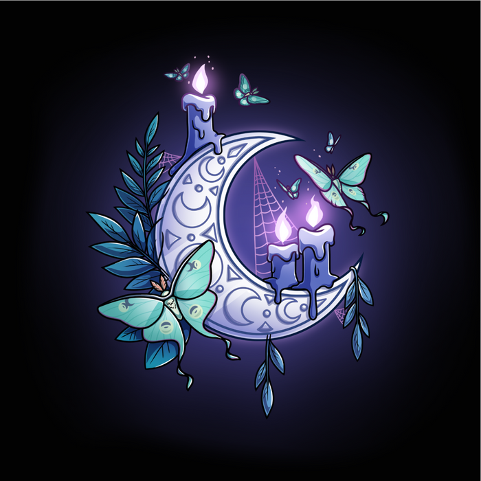 Classic Cotton T-shirt_TeeTurtle black Moonlit Luna Classic Cotton T-shirt featuring a glowing purple crescent moon adorned with candles, a luna moth, and delicate fern leaves in a mystical nighttime design.