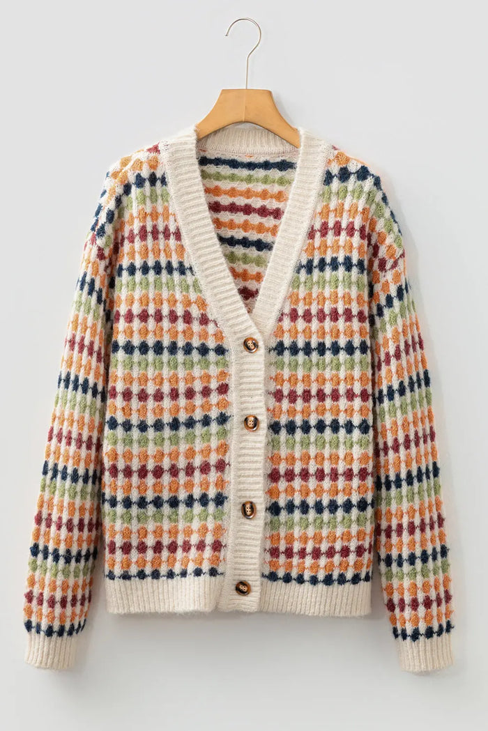 Multicolour Dotty Pattern Knit Button Front V-Neck Sweater Cardigan - Sweaters & Cardigans/Cardigans