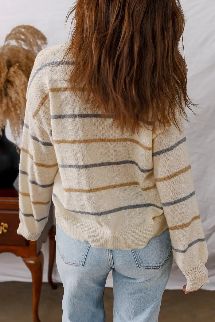 Multicolour Striped Buttoned Front V-Neck Drop Shoulder Cardigan - Sweaters & Cardigans/Cardigans