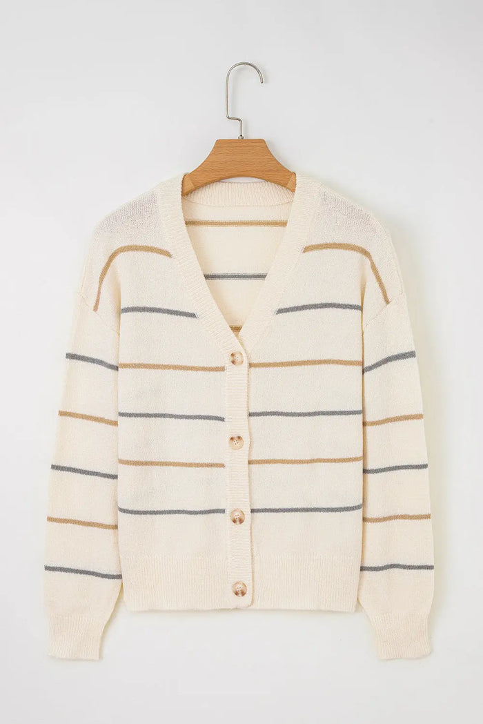 Multicolour Striped Buttoned Front V-Neck Drop Shoulder Cardigan - Sweaters & Cardigans/Cardigans