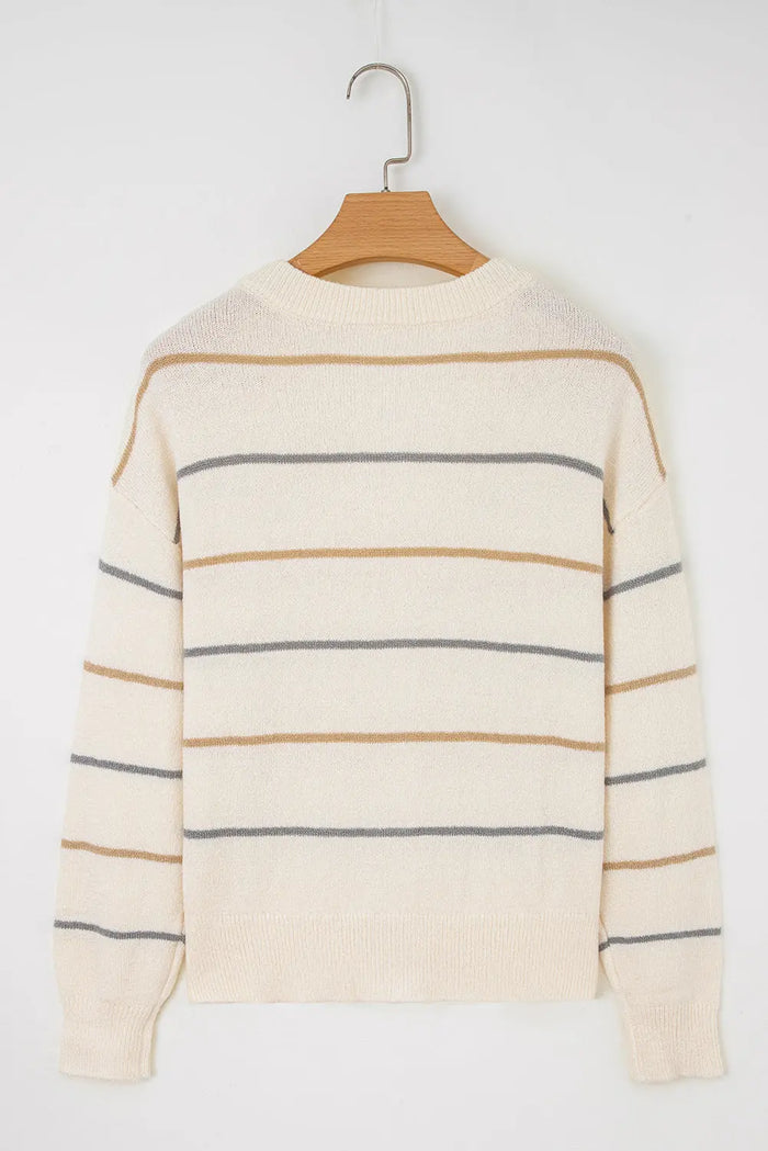 Multicolour Striped Buttoned Front V-Neck Drop Shoulder Cardigan - Sweaters & Cardigans/Cardigans