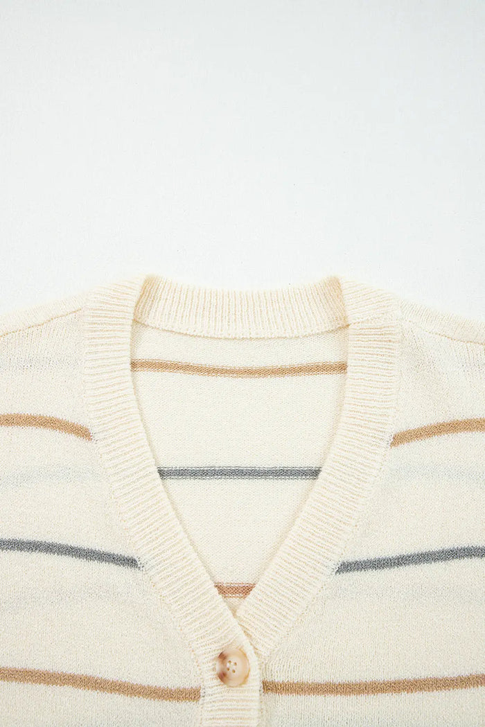 Multicolour Striped Buttoned Front V-Neck Drop Shoulder Cardigan - Sweaters & Cardigans/Cardigans