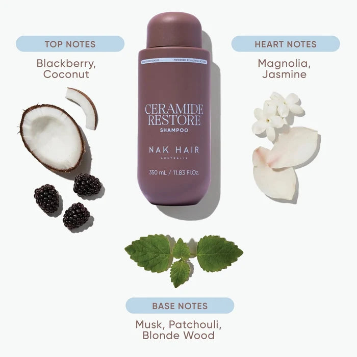 A bottle of Nak Hair Ceramic Restore Shampoo centered on a light background, surrounded by scent notes: blackberries and coconut under 'Top Notes,' magnolia and jasmine under 'Heart Notes,' and mint leaves and wood tones under 'Base Notes.' Text at the top reads 'The Fragrance More than Routine.