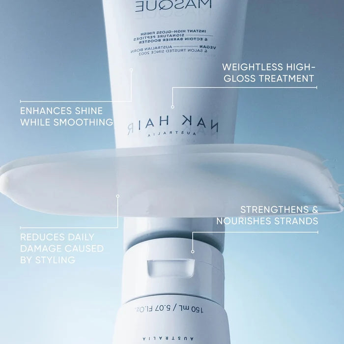 Nak Hair Glazed Masque glossy treatment bottle shown with a smear of white product and text callouts describing its high-gloss smoothing benefits on a soft blue gradient background.