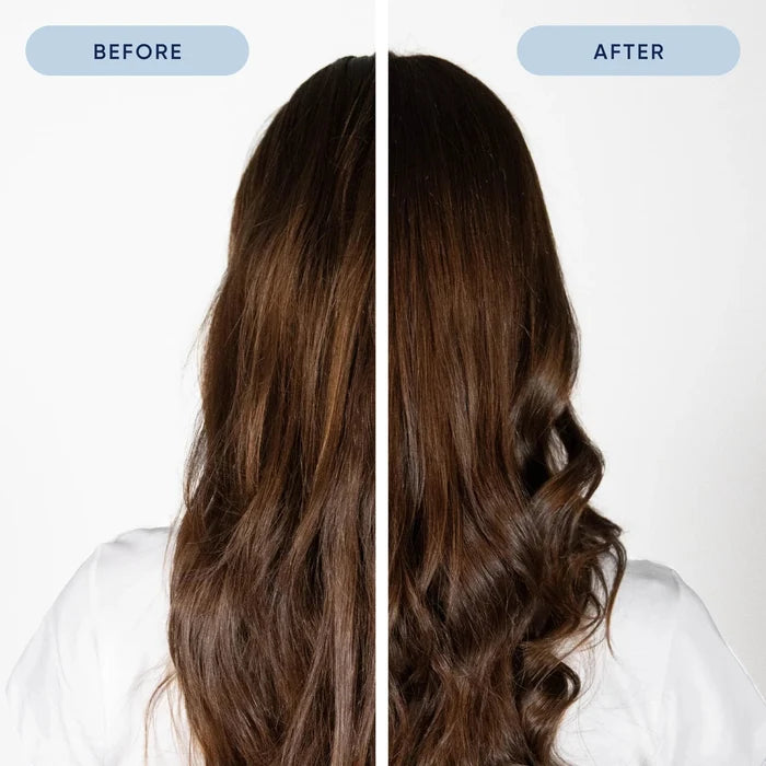 Before and after comparison of a woman's long brown hair, shown from the back, after using Nak Glossy Glaze Masque. The left side is labeled BEFORE and appears slightly wavy and less defined, while the right side is labeled AFTER and shows smoother, more defined curls.