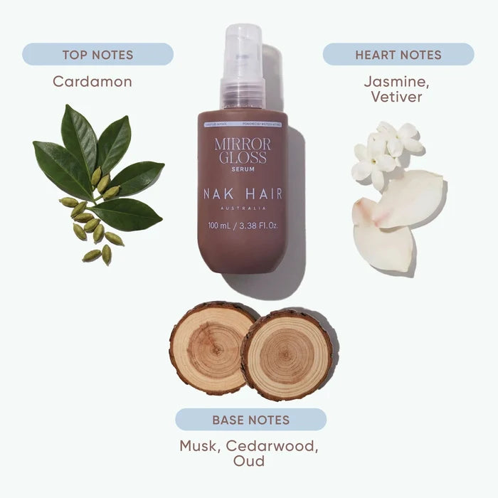 Mirror Gloss Silk Nak Hair Fragrance Spray bottle centered on a light gray background, surrounded by botanical and wood notes: cardamon leaves, jasmine and vetiver flowers, and cedarwood slices. Text reads 'THE FRAGRANCE MORE THAN ROUTINE' with top and base notes labeled.