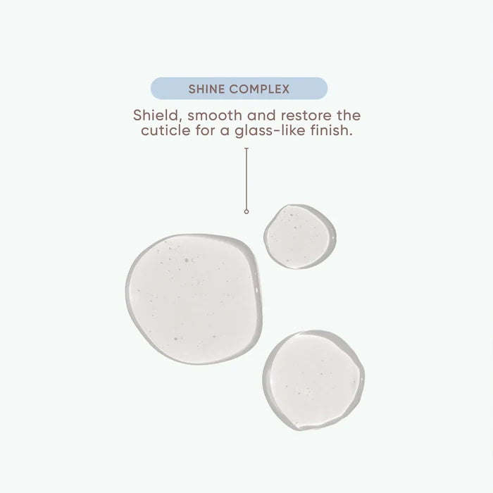 Three translucent circular droplets on a very light gray background with text reading 'SHINE COMPLEX' and a descriptive caption about shielding and restoring the cuticle for a glass-like finish.