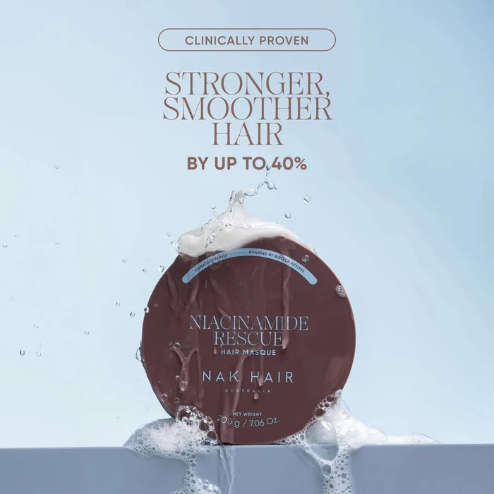 A single round brown hair mask packet by NAK HAIR is shown floating in water with foam against a pale blue background. Above the product, text reads 'CLINICALLY PROVEN STRONGER, SMOOTHER HAIR BY UP TO, 40%'.