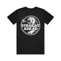 The Straight Ahead black Gildan Heavy Cotton T-shirt features a roaring lion in a chain circle and bold white STRAIGHT AHEAD text. Available for presale; ships 5/15/26.
