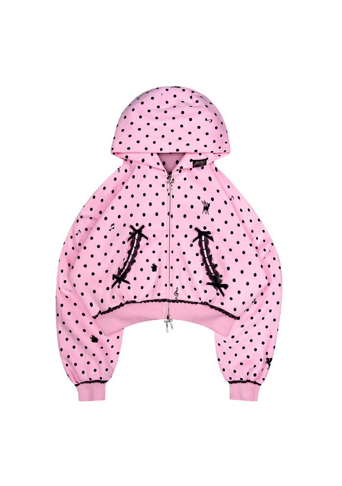 NOVA POLKA DOT CROP ZIP HOODIE BABY PINK