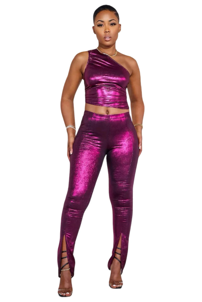 Now That I Have Your Attention - Shiny Stretch Metallic Pants Set