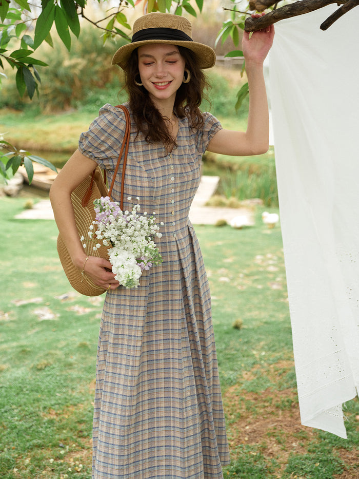 Nyra V-Neck Plaid 100% Cotton Dress