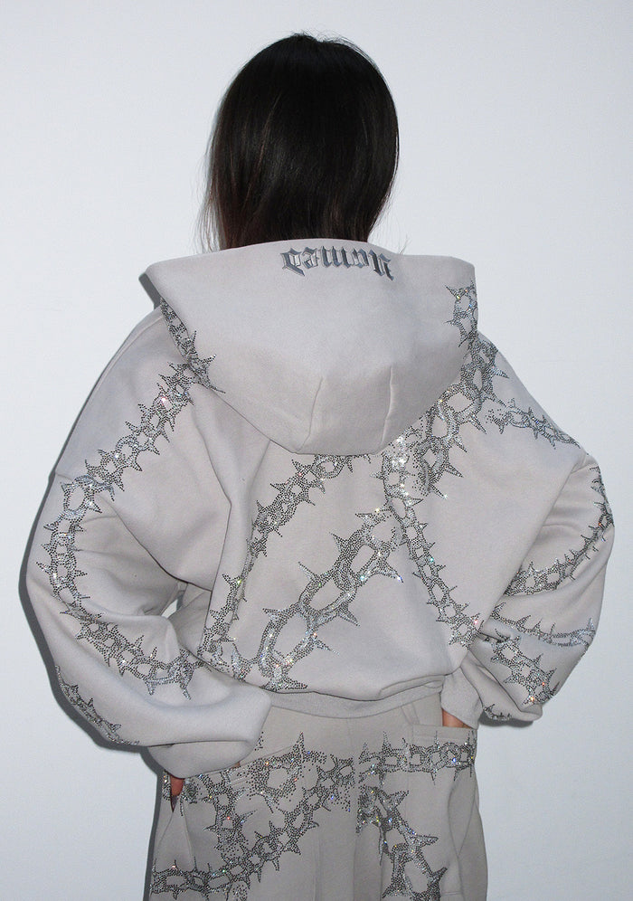 OMEN RHINESTONE ZIP HOODIE SMOKE GREY