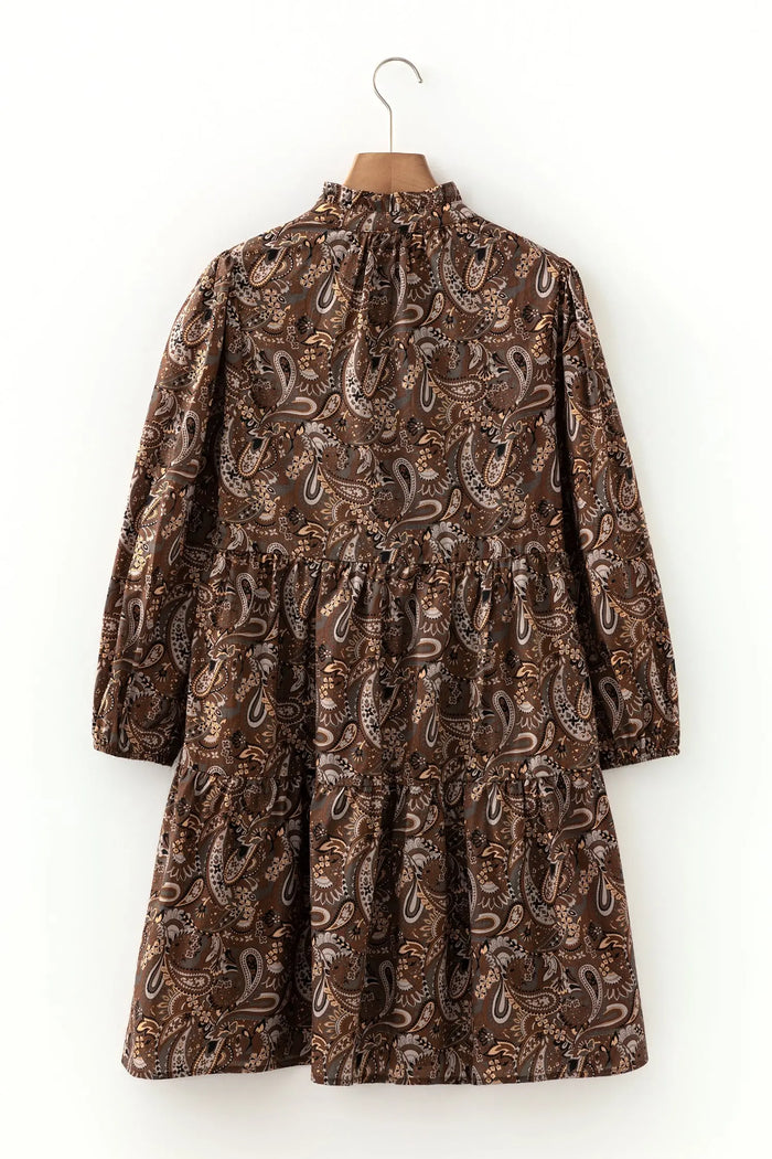 Paisley Print Half Buttons Puff Sleeve Flowy Short Dress - Dresses/Mini Dresses