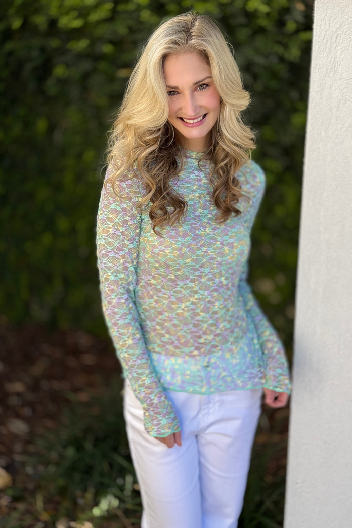 Pastel Prism Lace Mesh Turtleneck Top
