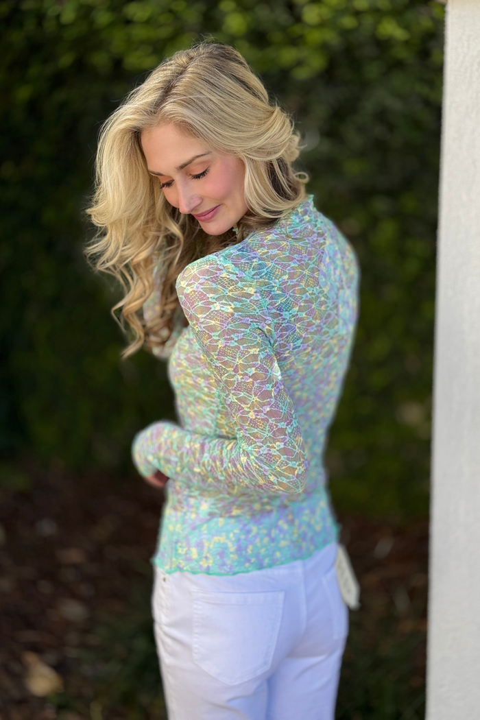 Pastel Prism Lace Mesh Turtleneck Top