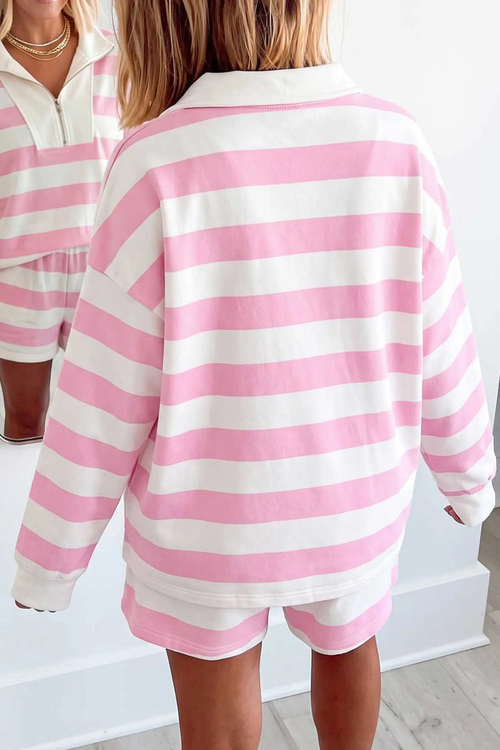 Patchwork Zipper Pullover Elastic Waist Shorts 2pcs Set – Pink Stripe