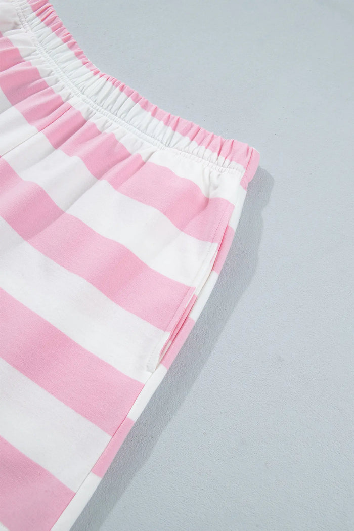 Patchwork Zipper Pullover Elastic Waist Shorts 2pcs Set – Pink Stripe